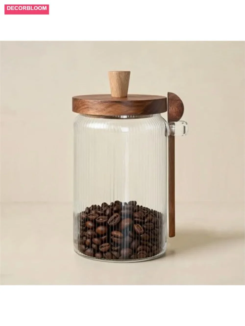 Striped Glass Food Storage Jar with Acacia Wood Lid and Spoon 30oz